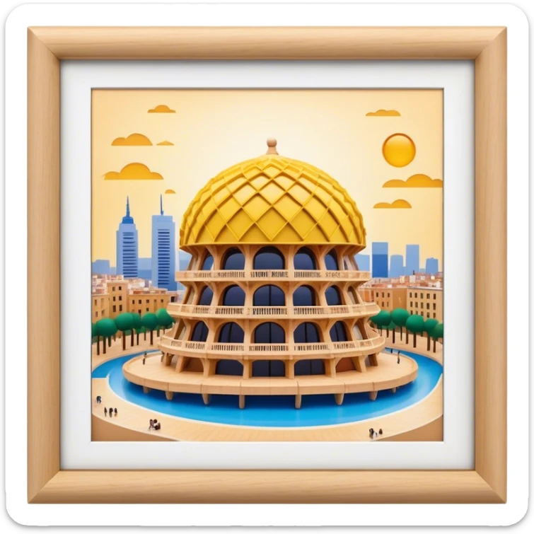 Cinematic Realistic Metropol Parasol Landmark Emoji, depicted with a modern wooden structure set against a vibrant cityscape rendered with detailed textures and dynamic, contemporary lighting. sticker