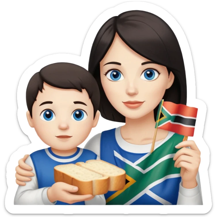 White dark hair blue eyed Lady with son eating white bread and holding South African flag  sticker