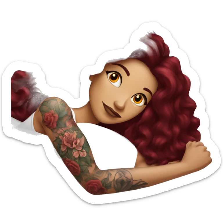 Beautiful tattooed burgundy long haired woman laying on the bed sticker