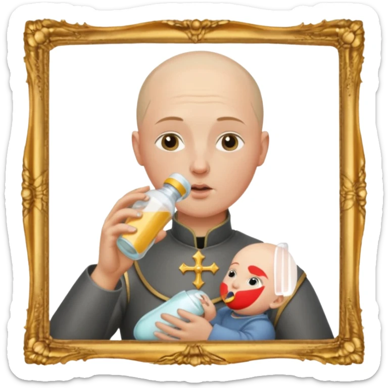 Un homme avec une calvitie cheveux ras boit un biberon  avec Jeanne d’arc dans le biberon  sticker