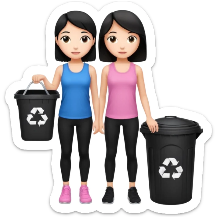 generate a genmoji of a black haired girl in a pink tank top and black leggings holding a black trash bag. Standing with her is a brunette girl in a similar blue tank top and black leggings.
Standing in front of a dustbin sticker