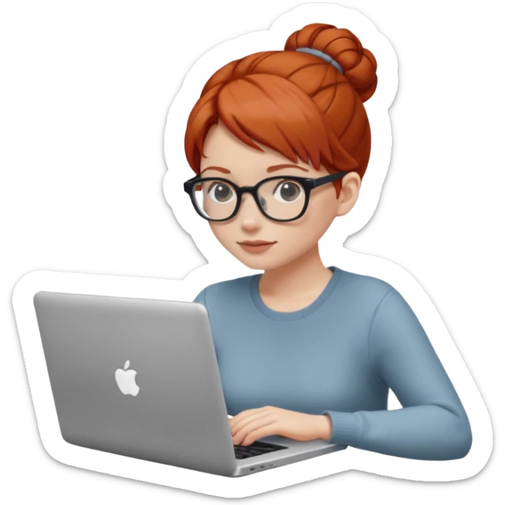 hair in a bun redhead female with glasses focused on a laptop sticker