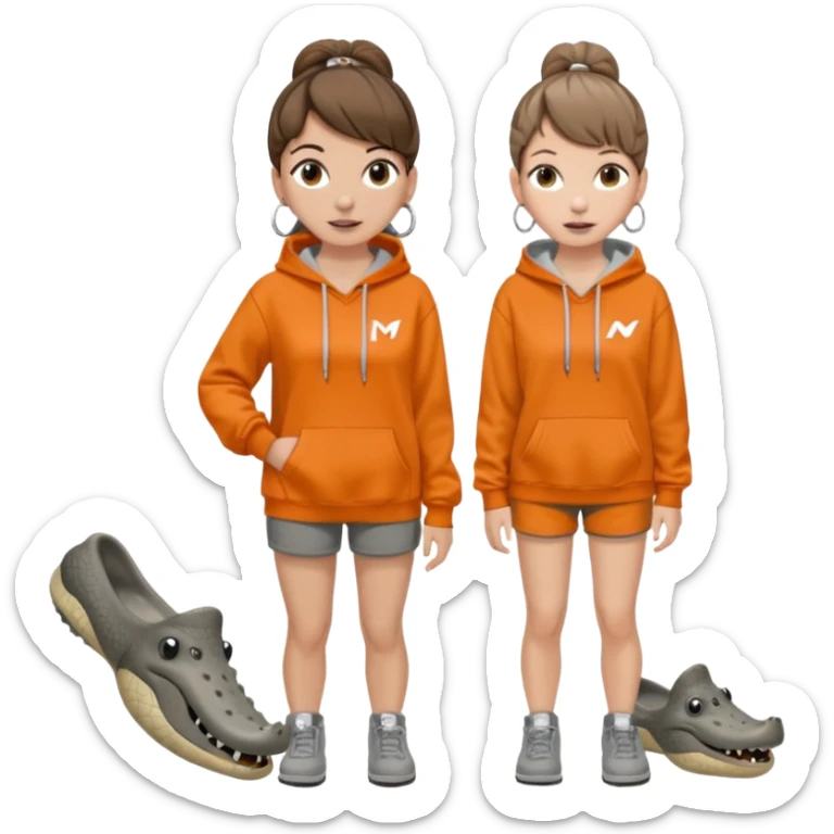 can you make a white girl with brown hair that is in a bun  and brown eyes and a normal white person nose and then she is wearing a grey hoodie mclaran formula 1 and wearing dirty white crocs with taylor swift gibits, 3 on each croc and she has 4 ear peiecings and hoop and stud and black shorts
 sticker