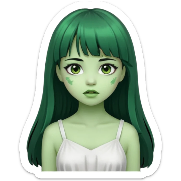 uma garota zumbi da pele verde com cabelo preto longo com franja e a roupa branca sticker