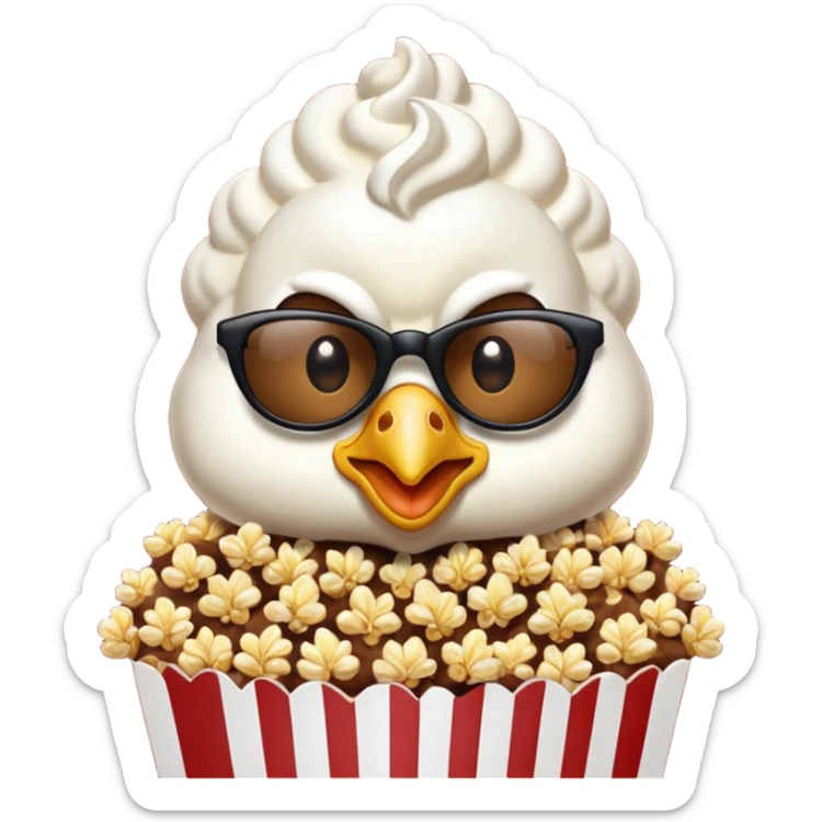Ayam pakai kacamata dengan wajah tersenyum senyum dan sedang memegang popcorn sticker