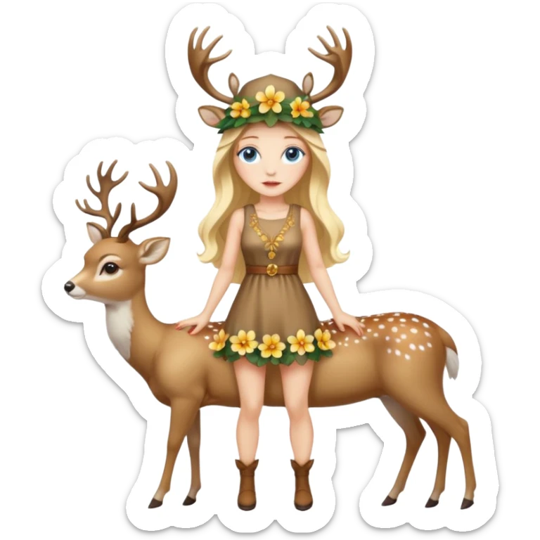 full body woman long blonde hair blue eyes white skin wearing deer hat and golden flower dress sticker