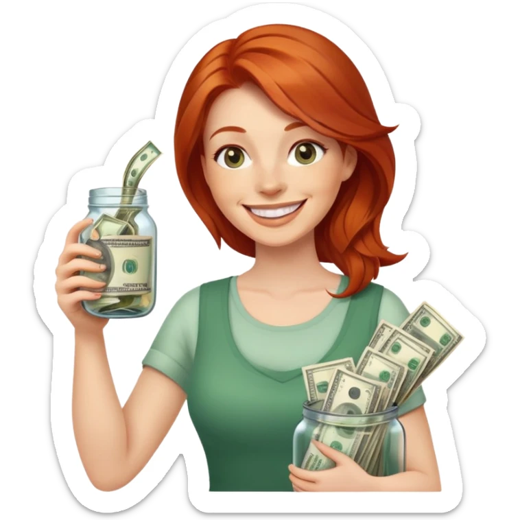 redhead woman with big smile holding glass jar with money bills inside sticker