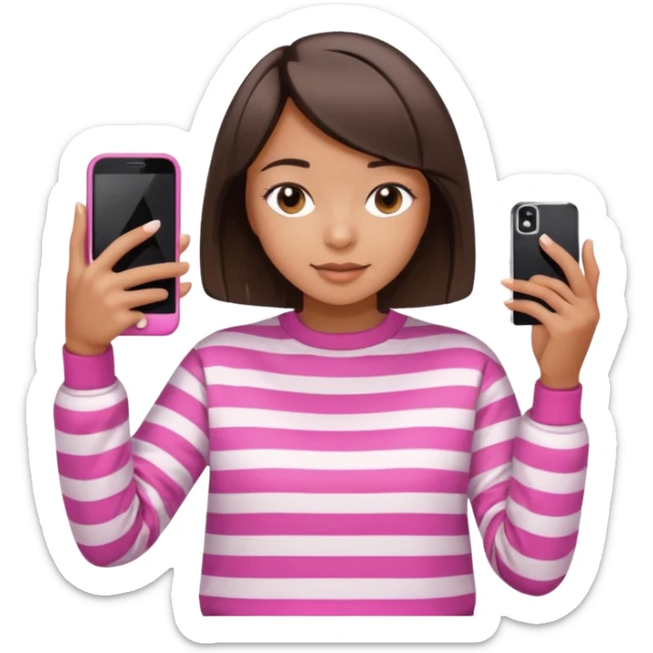 Emoji of a cute 3D girl with short dark brown bob hairstyle, wearing a pink and white striped sweatshirt. She is holding a phone and taking a selfie, white background.

 sticker