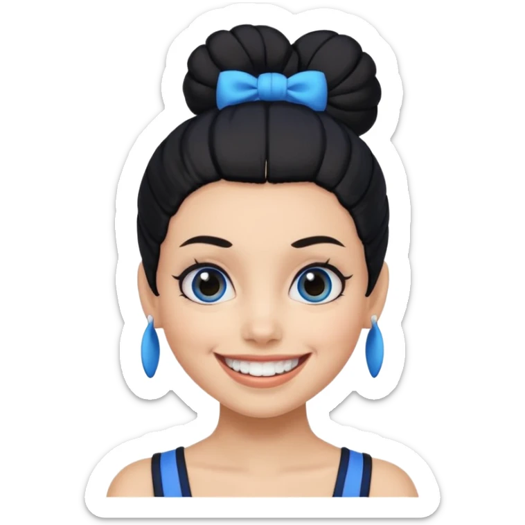 Now tied up her hair in a bun, the on her head is black, but blue bang on front. Bigger eyes and brighter smile, show teeth while smiling sticker