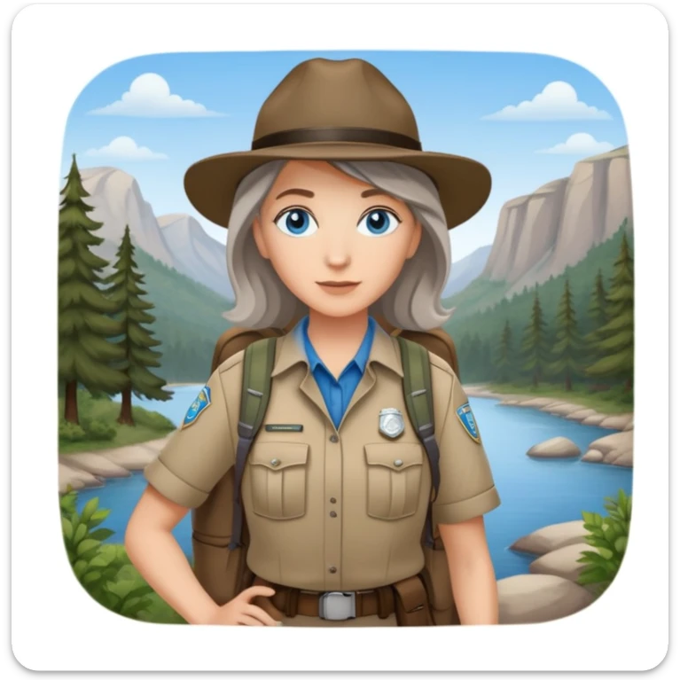 white woman park ranger with blue eyes, brown and gray hair, wearing a backpack, standing in a nature background sticker