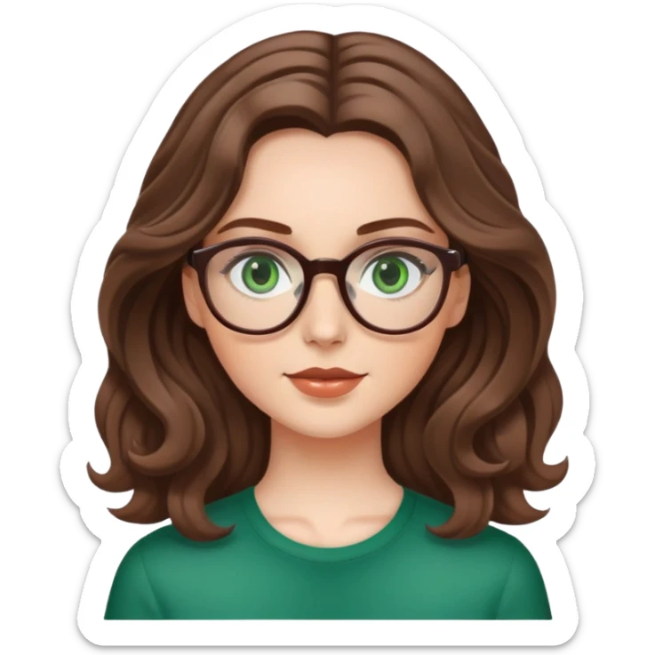 White girl with medium length brown wavy hair, glasses, and green eyes sticker