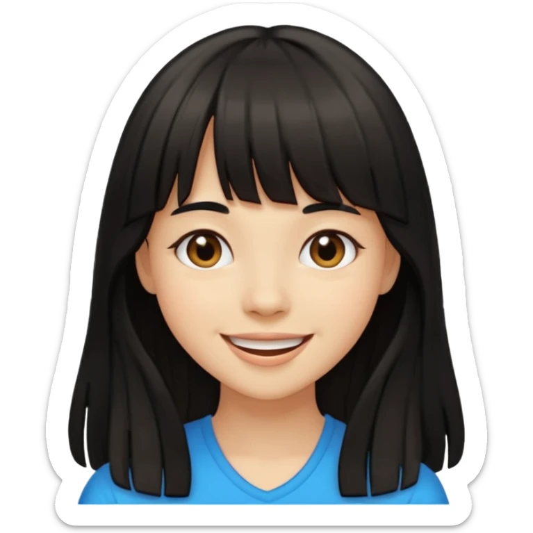Pale brown girl with long black hair with bangs, happy sticker