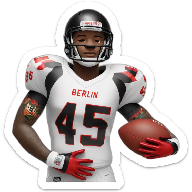 male black football player with tattoo on left arm. White jersey with number 45 and lettering Berlin above the number. white longsleeve on right arm and two red gloves sticker