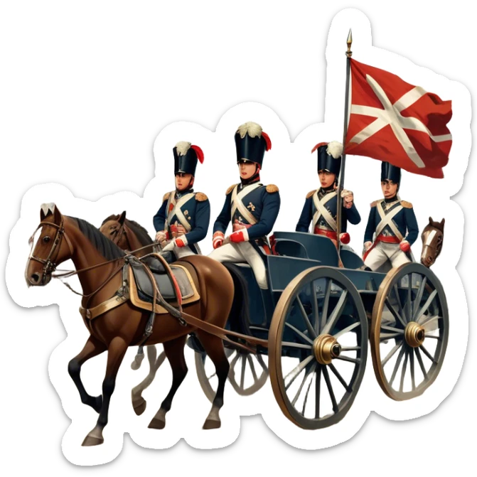A vintage movie poster-style design depicting a dramatic Napoleonic War scene. Include soldiers in period uniforms, cannons, and a battlefield with flags and horses. The background should evoke a sense of battle and history, with old-fashioned cinematic flair. Transparent background. sticker