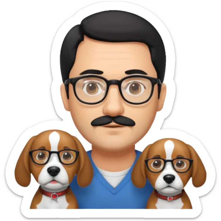 Hombre de aprox 40 años con un poco de barba canosa y pelo negro y gafas con beagle sticker