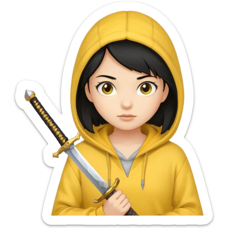black haired girl holding sword and wearing yellow hoodie sticker