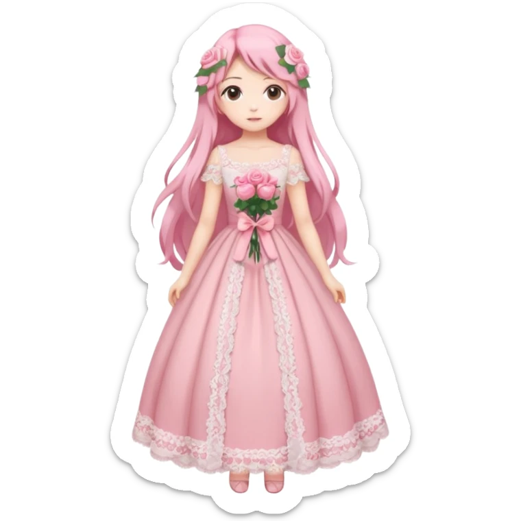 pastel anime woman with pink and white lace dress full body and long hair with roses sticker