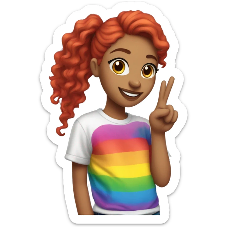 "A young woman with lengthy red curls in a ponytail, wearing a rainbow cat shirt, poses with a peace sign." sticker