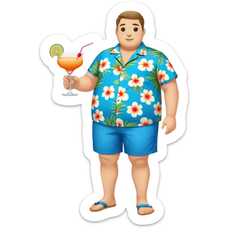 chubby guy full figure in a flowered azure havai shirt, brown shorts and flippers holding a cocktail sticker