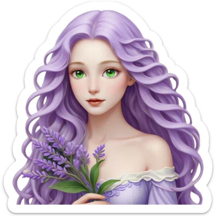 Cinematic Realistic Rapunzel Portrait, with porcelain-like skin featuring a subtle, natural glow, illuminated by soft lighting that brings out the gentle contours of her face. Her long, golden blonde hair cascades in detailed waves, each strand highlighted with a radiant shimmer as it catches the light. She playfully holds a flower in one hand, her other hand resting casually in her lap, with a warm and spirited expression. Her bright, expressive green eyes exude curiosity and warmth, framed by delicate lashes and soft, arched brows. She is dressed in her classic lavender and pink gown, the fabric textured with delicate folds that flow naturally, catching the light with a soft, radiant glow. The portrait captures a luminous, enchanting aura, seamlessly blending realism with a whimsical, fairytale charm, evoking a timeless sense of beauty and magic. sticker