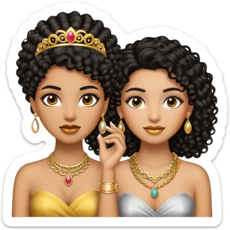 An emoji with two women, one woman with caramel skin color, black curly hair long. The other one is fair skin with brown straight hair and they're wearing jewelry and makeup. sticker