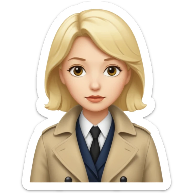 detective woman in long coat, blond hair, white skin sticker
