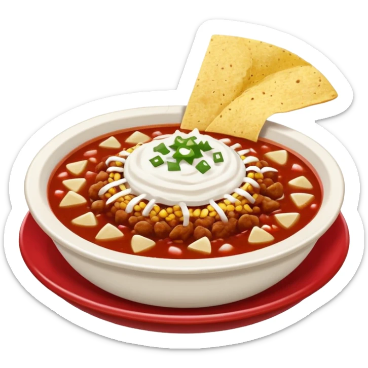 a hot bowl of pozole with a side of tostada with sour cream and red salsa sticker