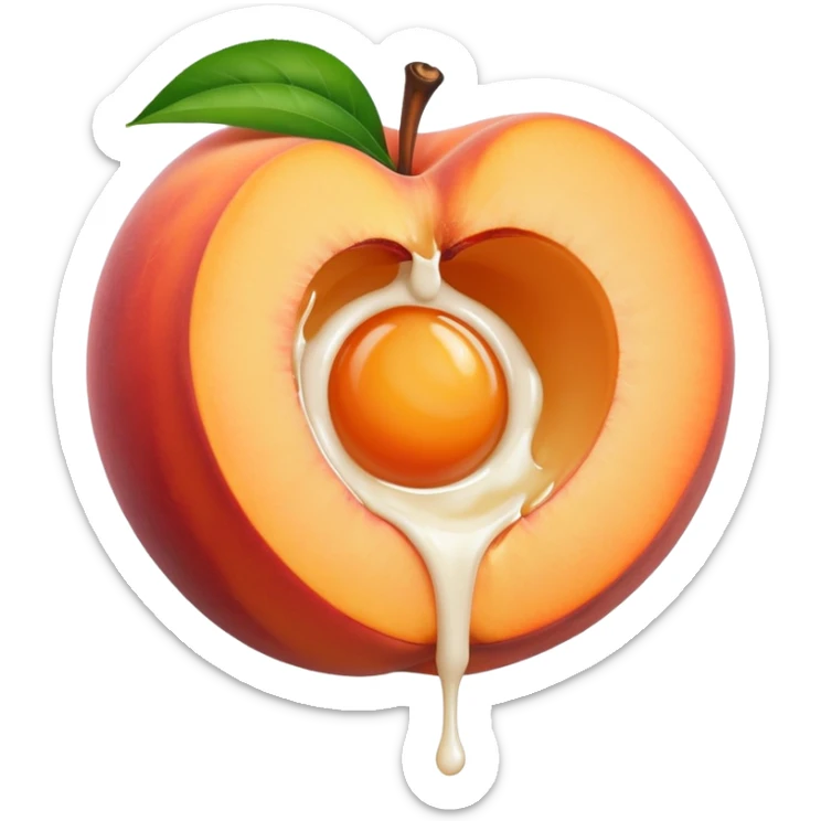 big hole in the middle of a peach. milk is leaking out of the hole sticker
