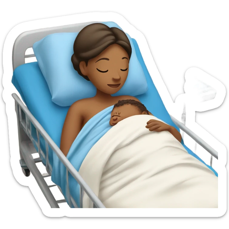 A pregnant woman resting on a hospital bed, holding her newborn baby wrapped snugly in a blue swaddle blanket.






 sticker