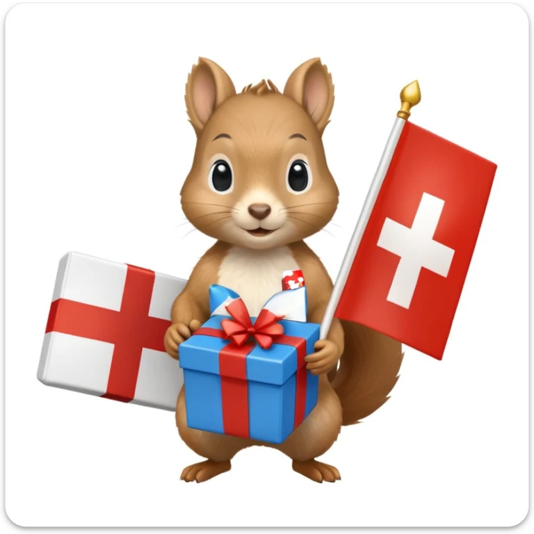 a squirrel holding a blue gift box in one hand and a Swiss flag in the other, both objects clearly visible, simple white background sticker