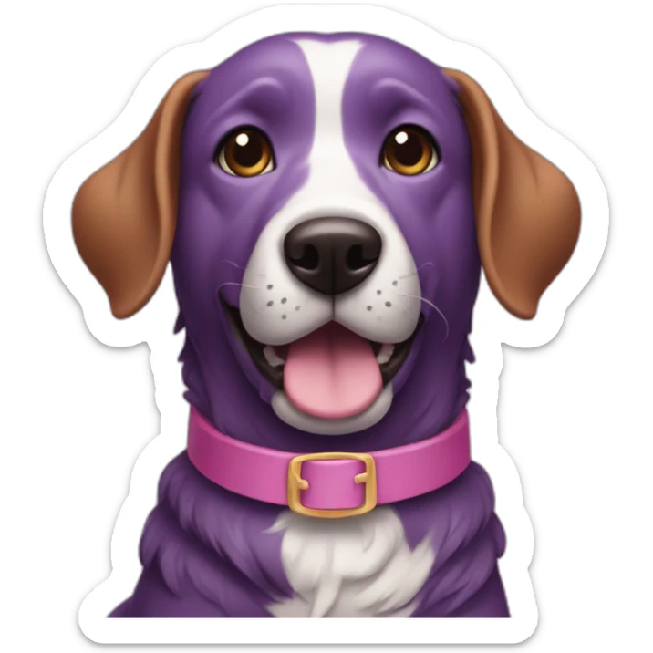 a purple dog with a brown nose and a pink collar with a bone eat cake sticker
