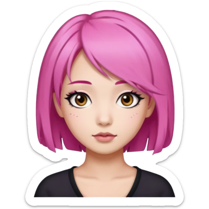 An Asian girl with pink hair, big eyes, thick eyebrows, and long eyelashes;  sticker