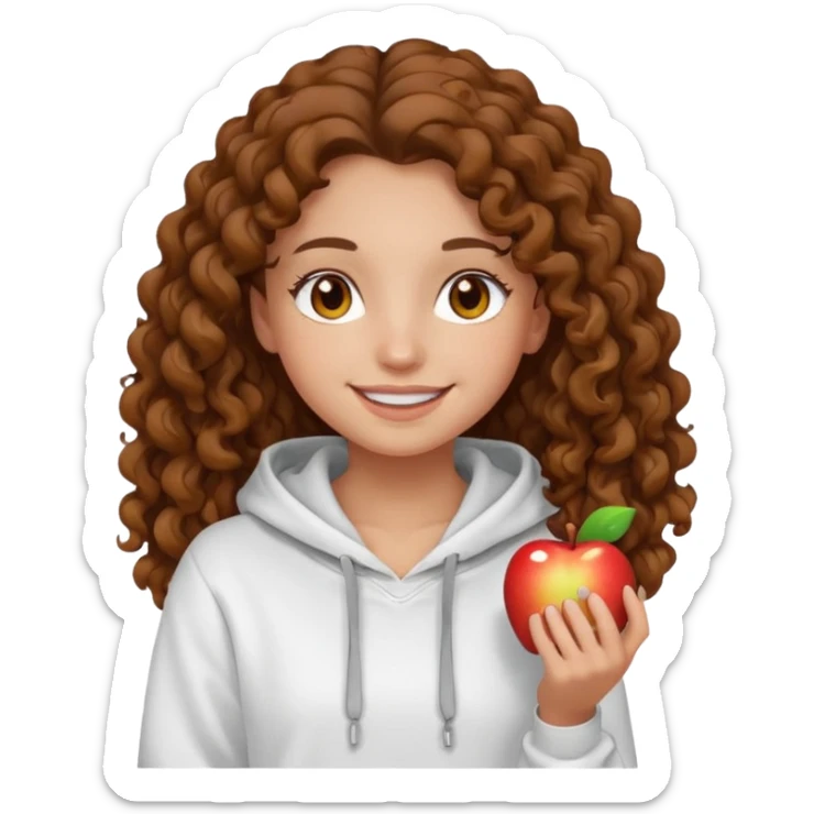 Una ragazza con una felpa semplice bianca,ha gli occhi marroni,i capelli marroni  , c’è gli ha lunghi e ricci  e ha le ciglia lo stile dell immagine deve essere  stile emoji apple sticker
