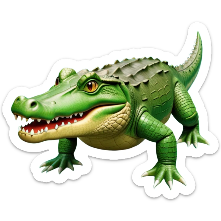 cinematic-crocodile-realistic-full-body-on all fours-emoji,-massive-scaled-body-partially-submerged-in-shallow-water,-head-tilted-dramatically,-rough-green-and-brown-hide-textured-with-deep-ridges,-simplified-yet-realistic-focused-features, head held high sticker