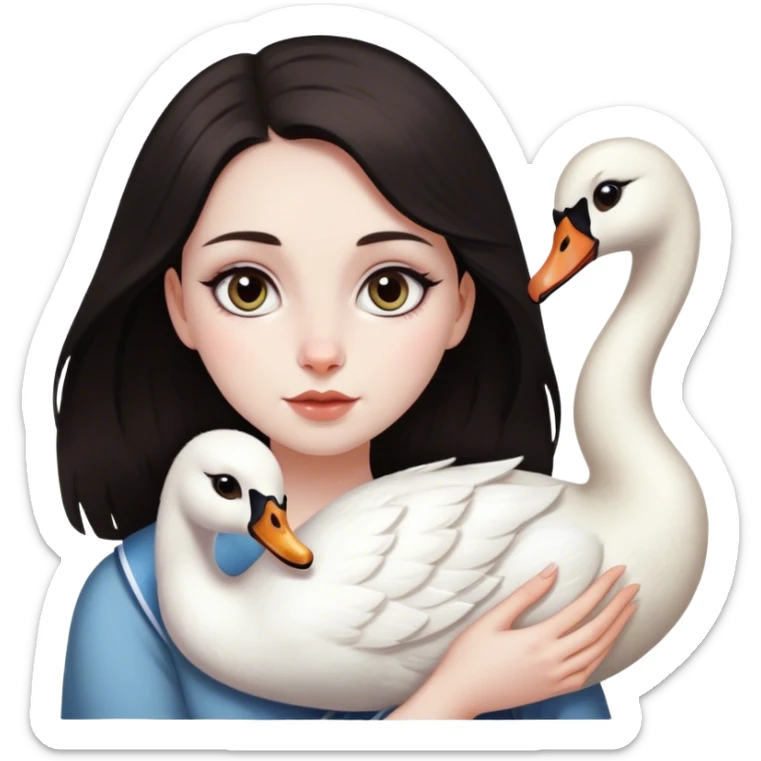 Girl who looks like Lana del Rey with dark hair, dark brown cat eyes, pale skin, with jewish nose, holding a swan sticker