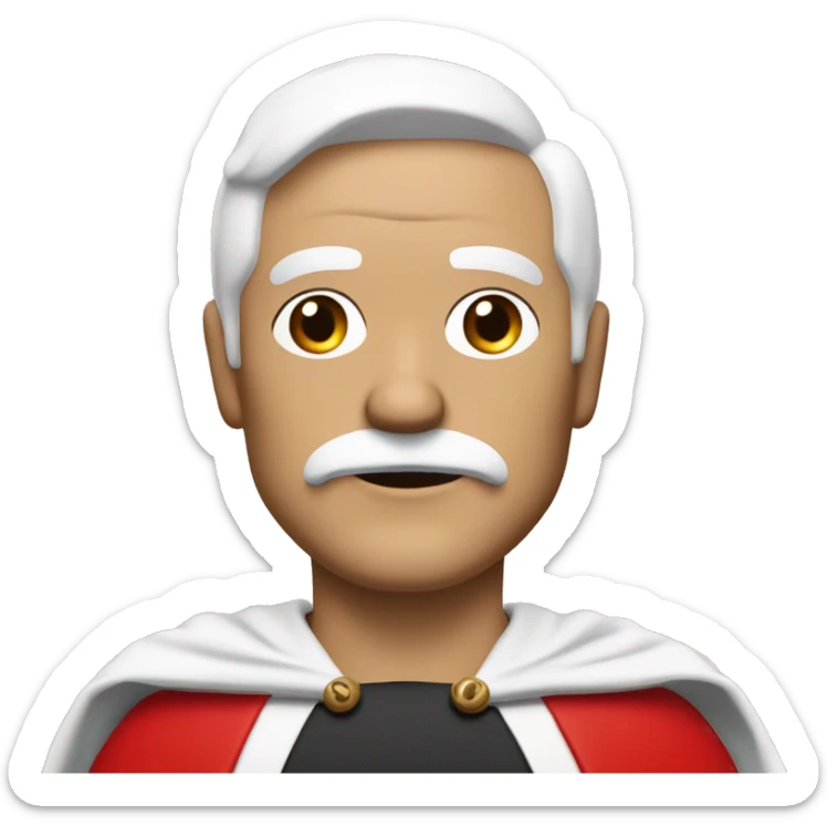 50 year old man with white temples but with black hair and black mustache wearing a red cape with a white super suit with a great red letter O in his chest  sticker