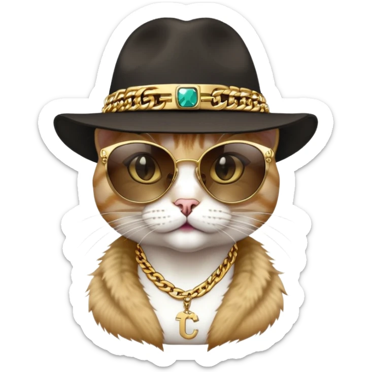 female cat head and shoulders wearing Run DMC hip-hop outfit, fedora, dark sunglasses, many gold chains, bling accessories sticker
