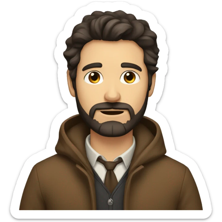 Man with very dark brown hair, tired eyes and scruffy beard wearing a brown coat sticker