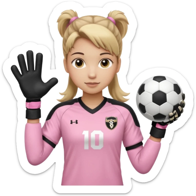 Make a dirty blonde football goalkeeper with goalkeeper gloves on holding a regular  The girl is light skinned and wearing a light pink football. Wearing a ponytail on back of head. Make it without the whole body. With full sleeves. WITHOUT A RUGBY BALL JUST REGULAR BLACK AND WHITE BALL. sticker