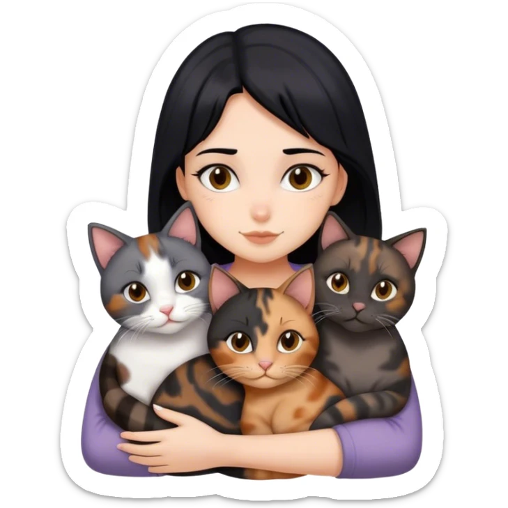 girl with black hair hugging three cats  (tortie cat, full gray cat, brown calico cat) sticker