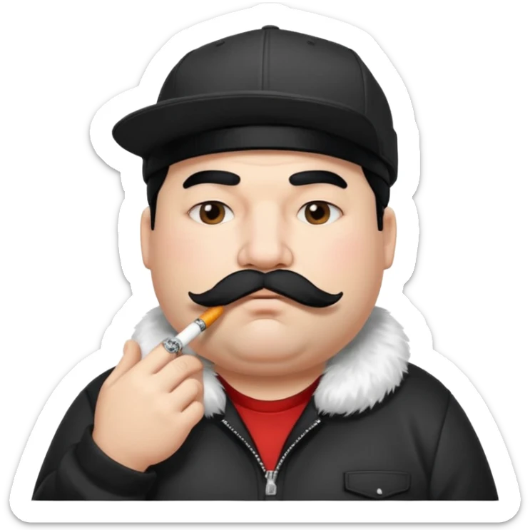 a fat father with white fur, black hair, a hip hop cap, a tattoo with a cigarette in his mouth, and a mustache. sticker