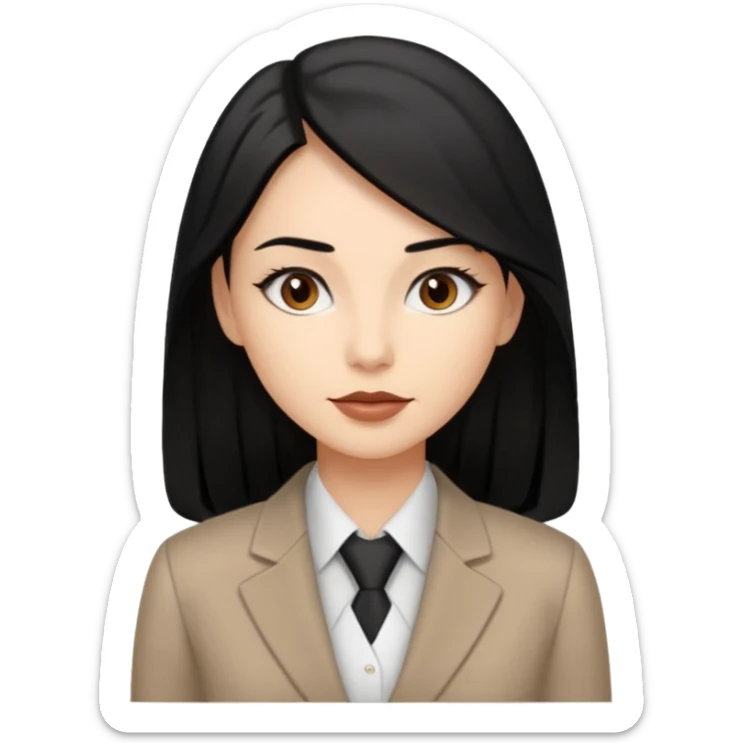 a woman with office outfits her hair is long black hair, her eyes are soft brown color and the color of her lip is soft brown sticker