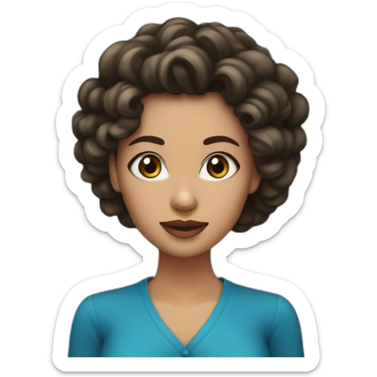 Mujer de cabello negro largo rizado, ojos azules, cara hermosa, piel blanca, un poco cachetona  sticker