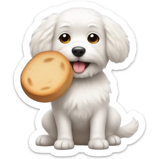 little white dog carrying a round loaf of bread in its mouth sticker