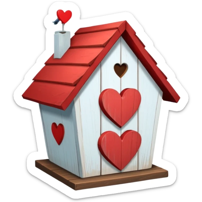 a birdhouse with a red roof with the rest white and a heart at the top but below the roof sticker
