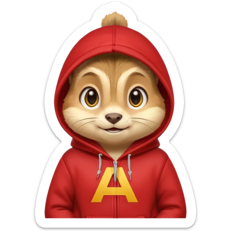 Portrait of a cartoon chipmunk with light brown and beige fur, wearing a red hoodie no zip with a yellow 'A' on it, big round eyes, small nose, and a mischievous grin, front-facing, stylized in animated movie style sticker