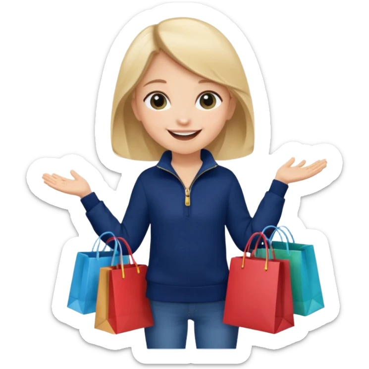 A little girl (he usually calls her baby), who is obsessed with shopping and luxury brands and holds a dozen of bags, she wears navy blue half zip sweater and holds 10 bags sticker