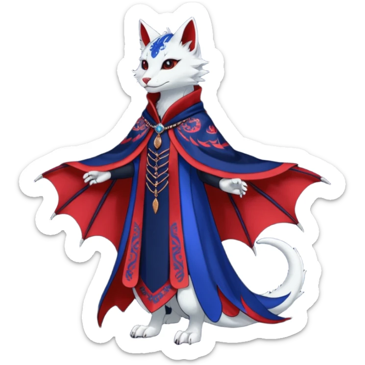 Kawaii black, red, indigo, cute beautiful pretty elegant divine edgy feline-vernid-sergal-Haku-dragon-fursona-animal-creature, full body, with intricate detailed markings, Embroidered capelet, silken shawl sticker