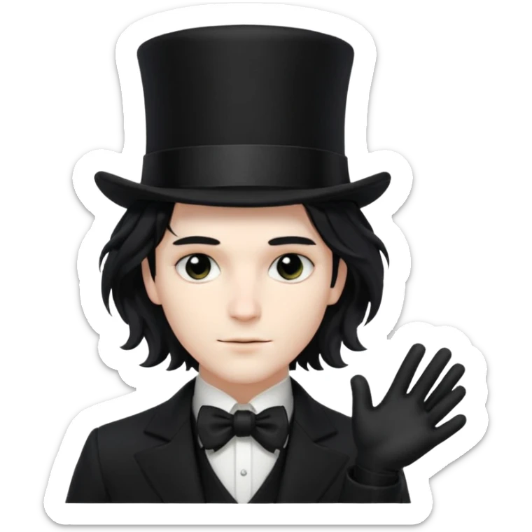 Male Goth with Top short Hat
 Wavy shoulder-length hair, white skin, black suit and gloves, pale skin tone,  sticker