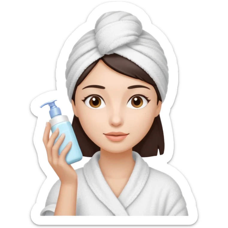Uma mulher de toalha na cabeça pq ela acabou de sair do banho. A pele é branca/clara e cabelo marrom escuro, cabelo liso.  Ela tá com um hidratante nas mãos,  pq ela vai cuidar da pele sticker